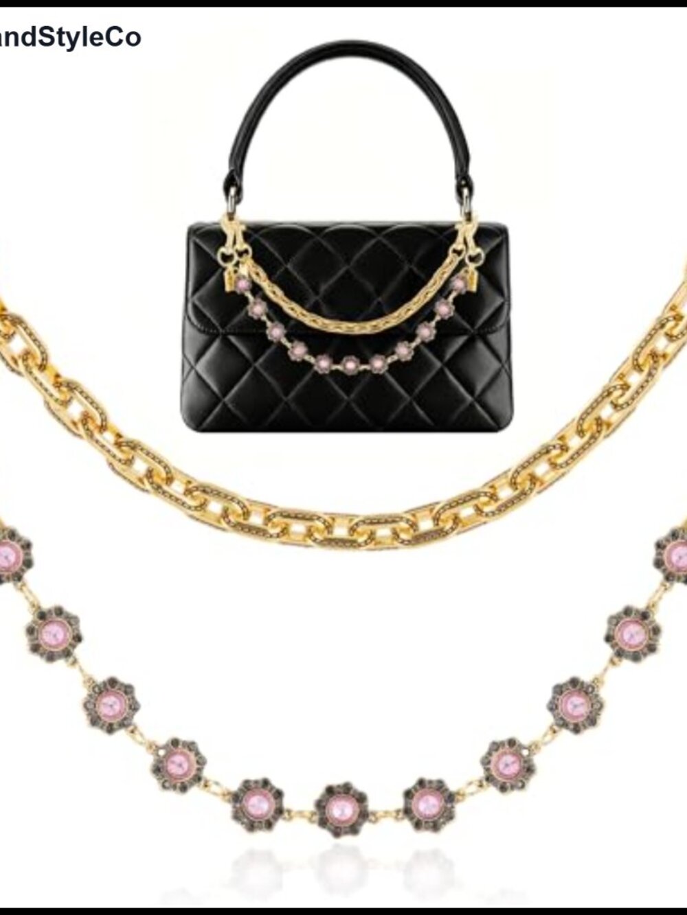 2pc Gold Bag Charm Chain Set Purse Extender Metal Rhinestone Chunky